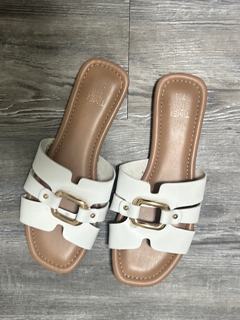 Time and Tru White Slide Mules with Gold Buckle